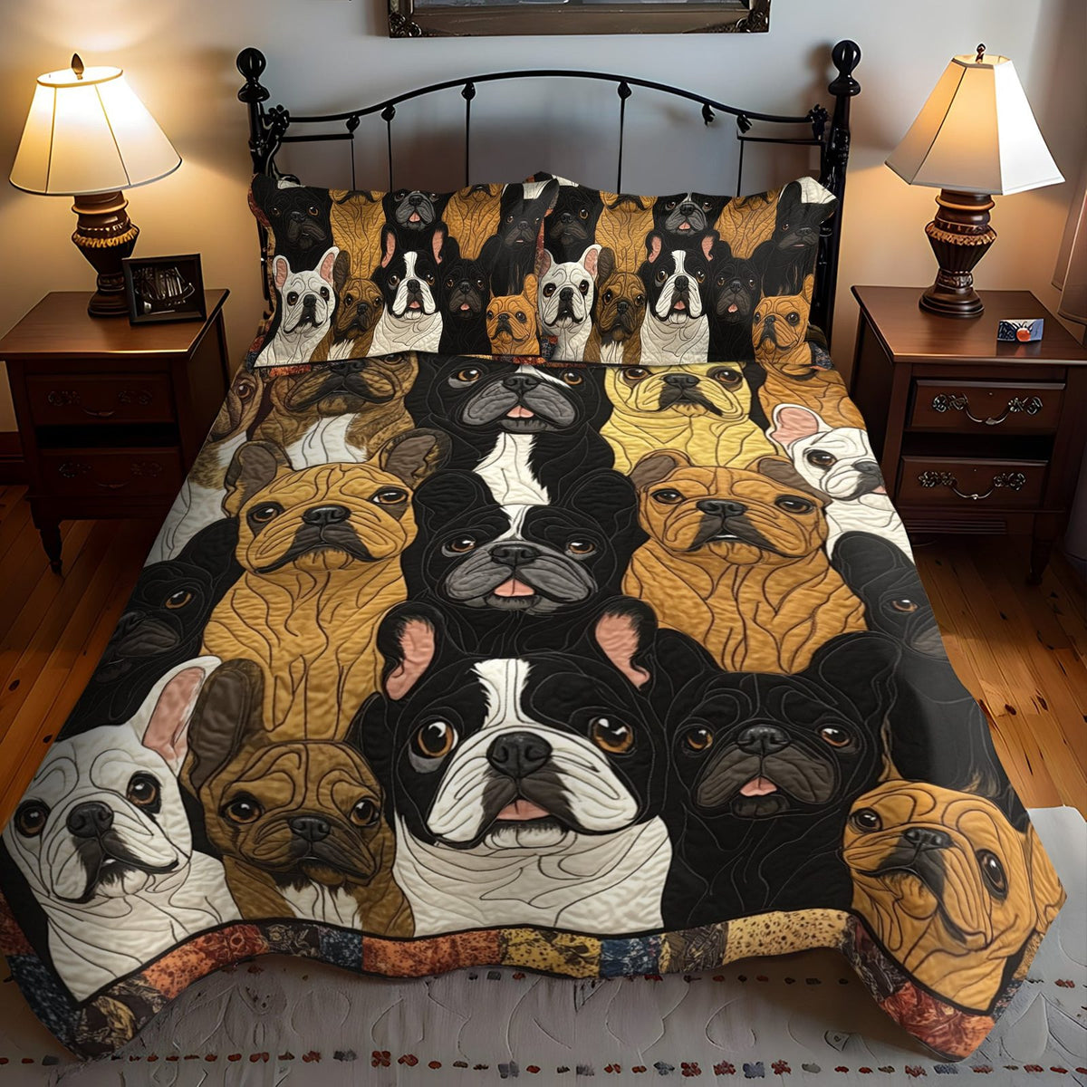 French Bulldog Patchwork quilted 3-piece bedding set on a made bed in a farmhouse bedroom