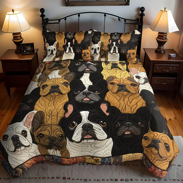 French Bulldog Patchwork quilted 3-piece bedding set on a made bed in a farmhouse bedroom