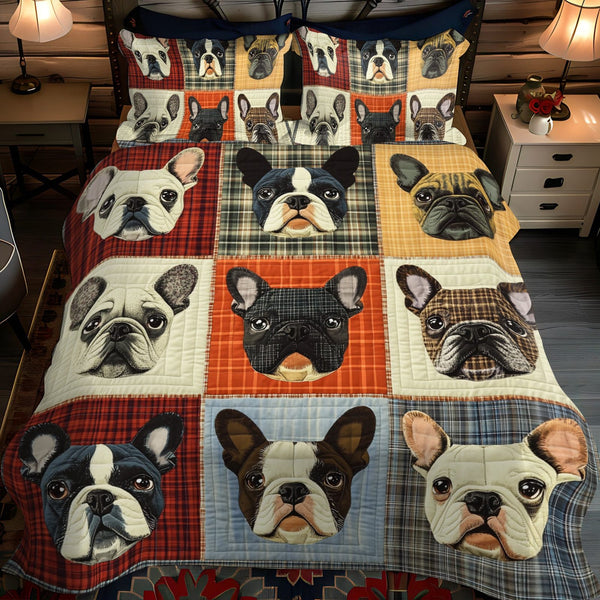 French Bulldog Patchwork quilted 3-piece bedding set on a made bed in a farmhouse bedroom