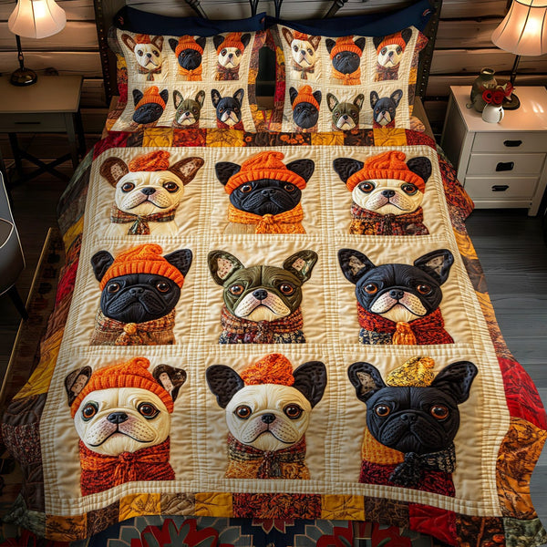 French Bulldog Patterned quilted 3-piece bedding set on a made bed with two matching pillow shams
