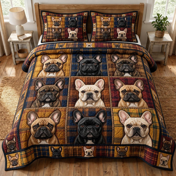 French Bulldog quilted 3-piece bedding set on a made bed with two matching pillow shams