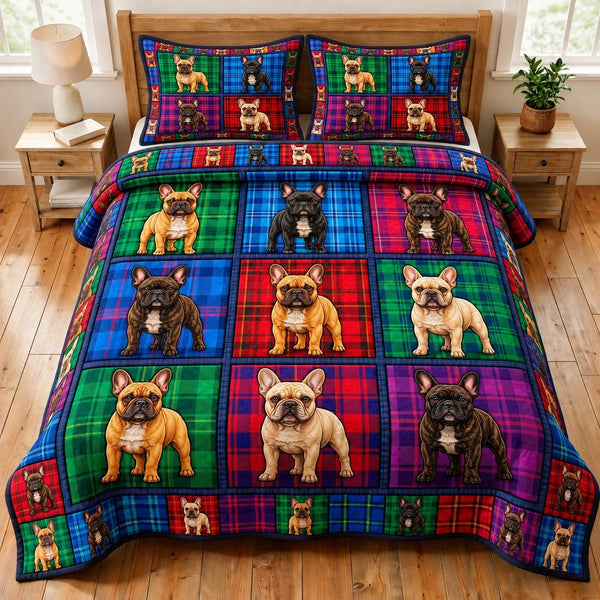 French Bulldog quilted 3-piece bedding set on a made bed with two matching pillow shams