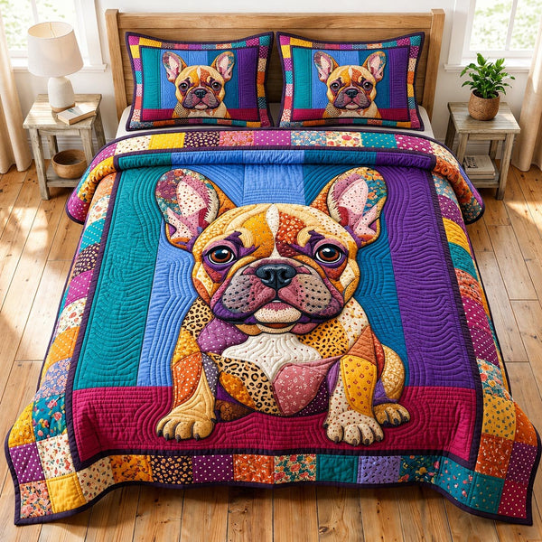French Bulldog quilted 3-piece bedding set on a made bed with two matching pillow shams