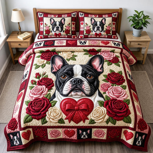 French Bulldog quilted 3-piece bedding set on a made bed with two matching pillow shams