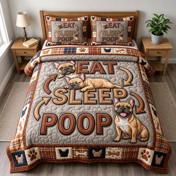French Bulldog quilted 3-piece bedding set on a made bed with two matching pillow shams