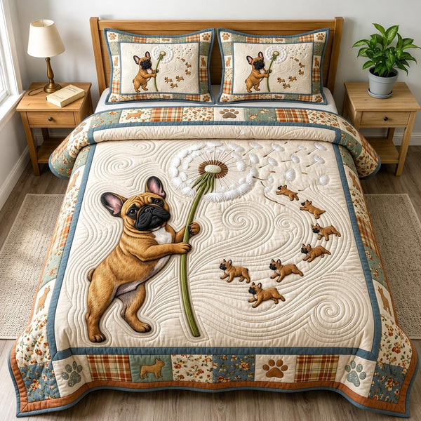 French Bulldog quilted 3-piece bedding set on a made bed with two matching pillow shams