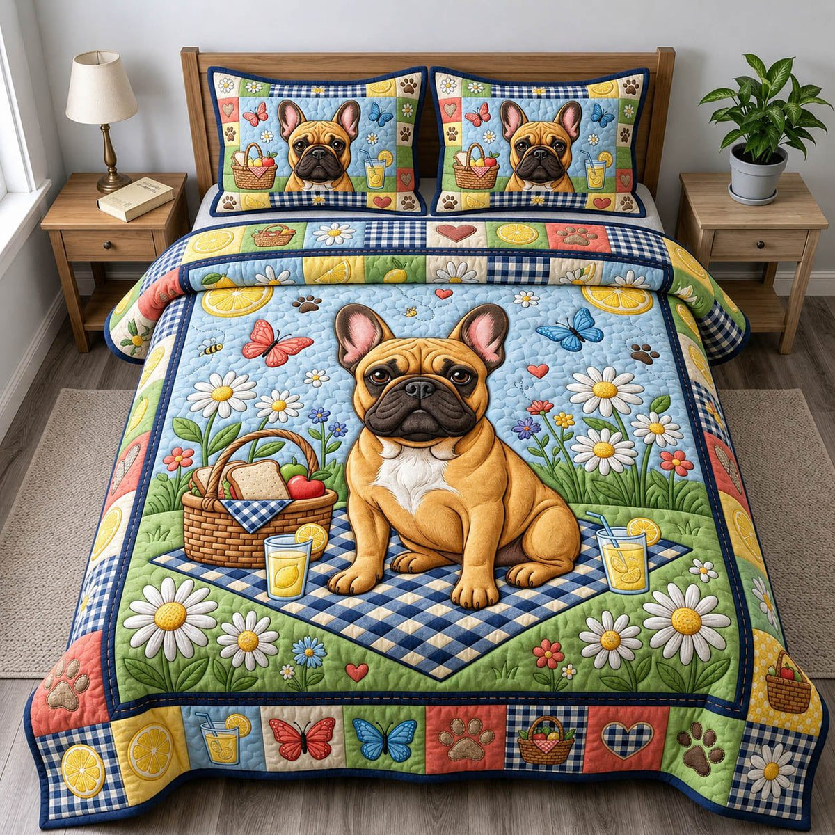 French Bulldog quilted 3-piece bedding set on a made bed with two matching pillow shams
