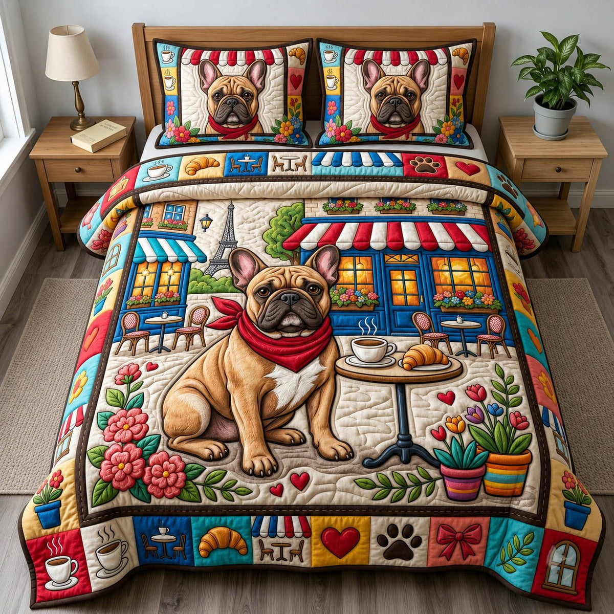 French Bulldog quilted 3-piece bedding set on a made bed with two matching pillow shams