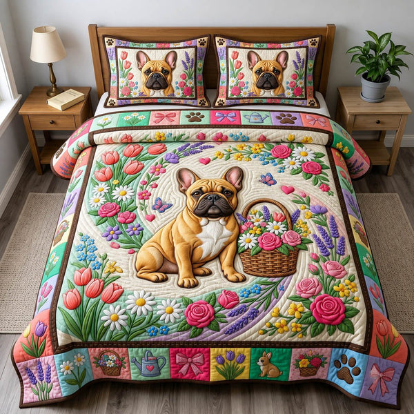French Bulldog quilted 3-piece bedding set on a made bed with two matching pillow shams