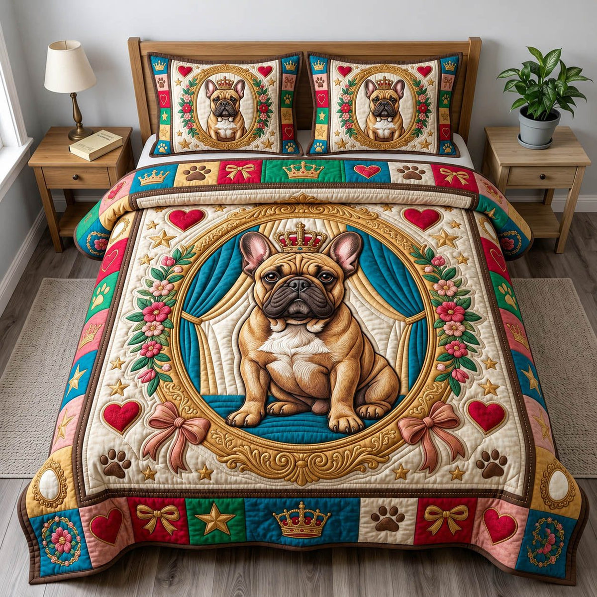 French Bulldog quilted 3-piece bedding set on a made bed with two matching pillow shams