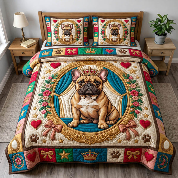 French Bulldog quilted 3-piece bedding set on a made bed with two matching pillow shams