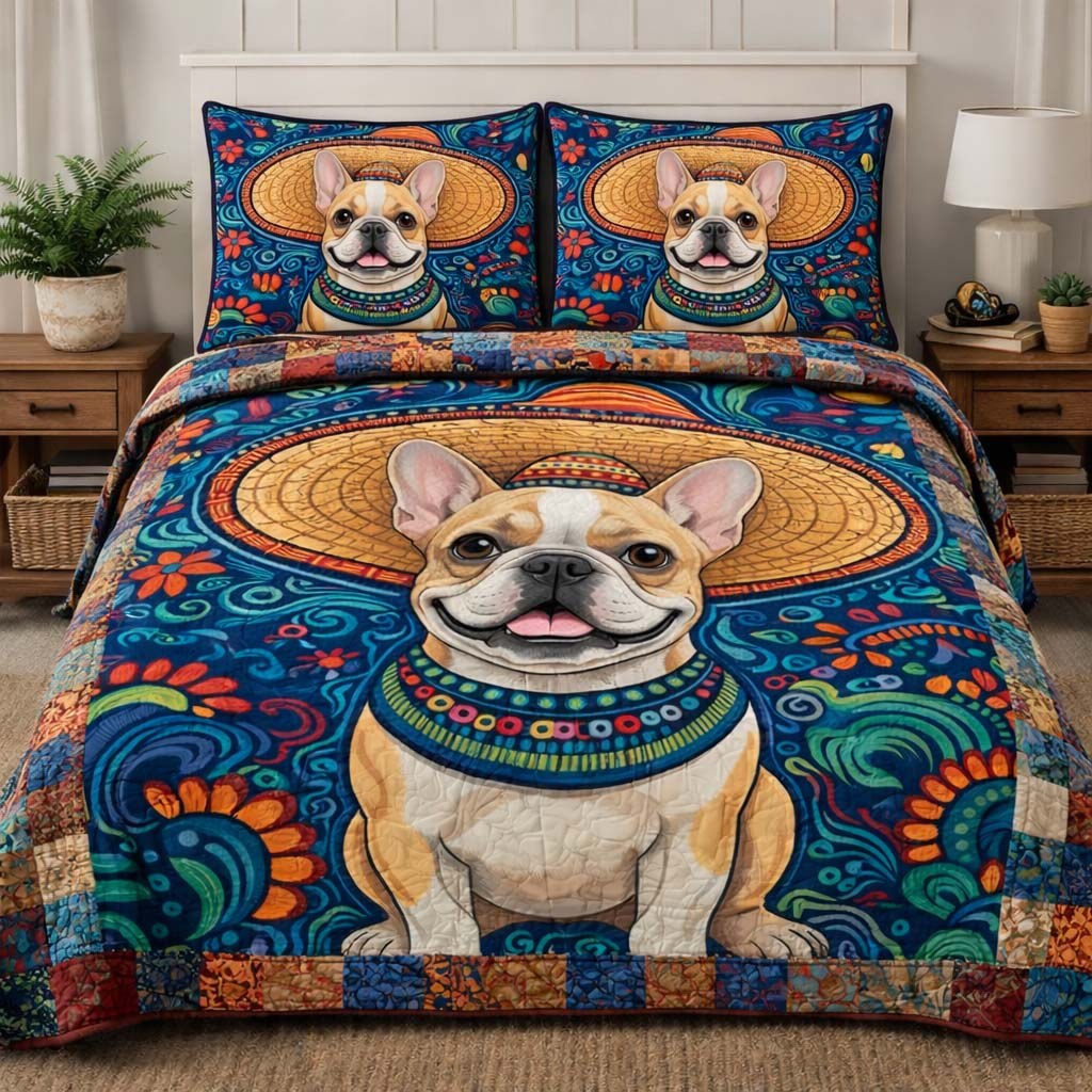 French Bulldog quilted 3-piece bedding set on a made bed with two matching pillow shams