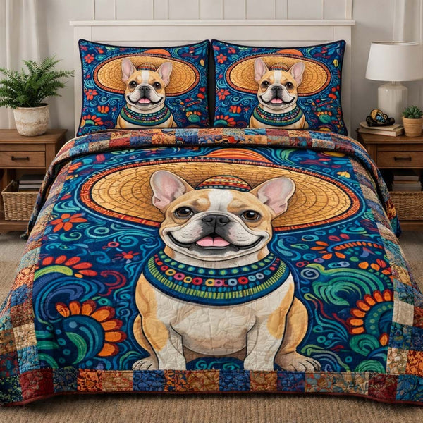 French Bulldog quilted 3-piece bedding set on a made bed with two matching pillow shams