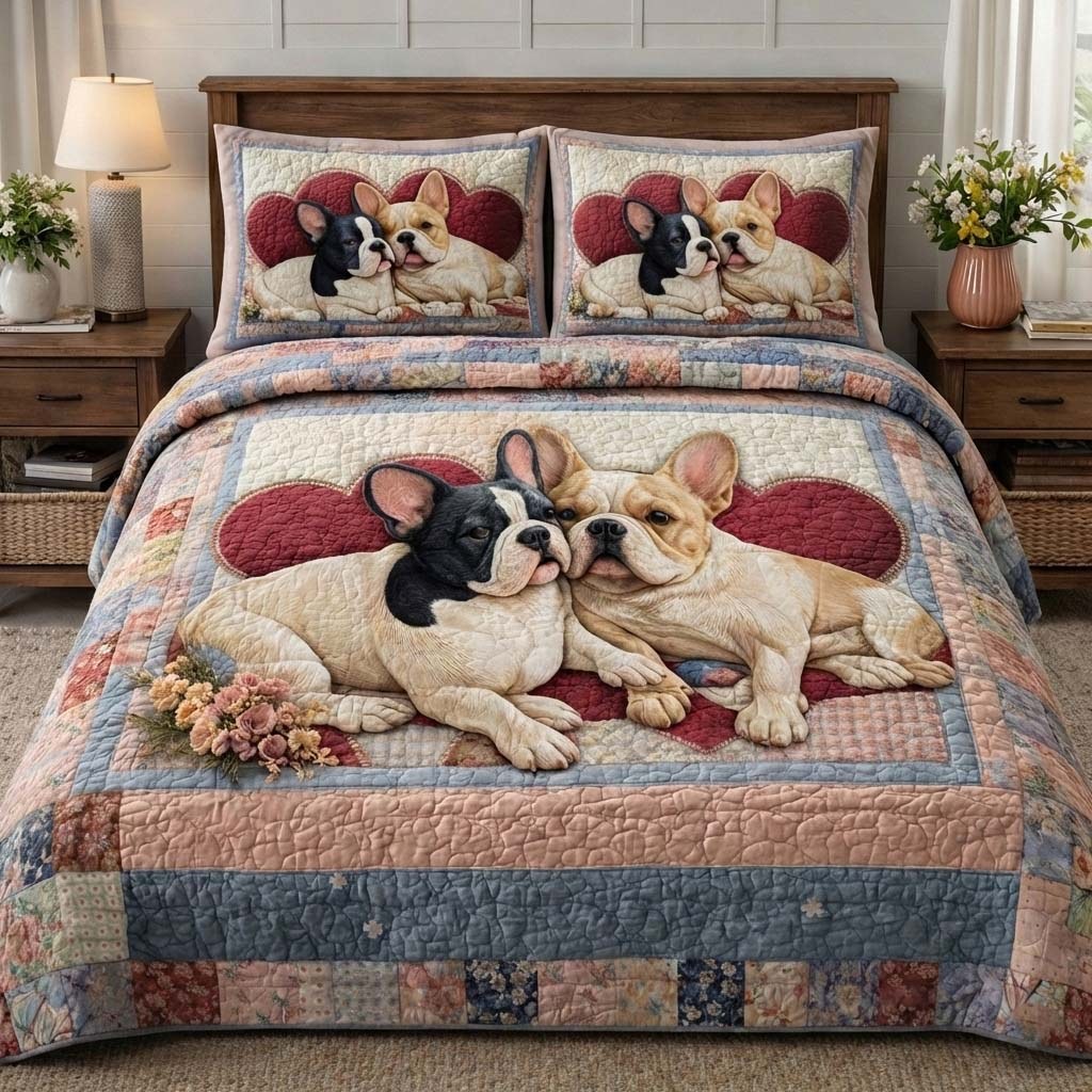 French Bulldog quilted 3-piece bedding set on a made bed with two matching pillow shams