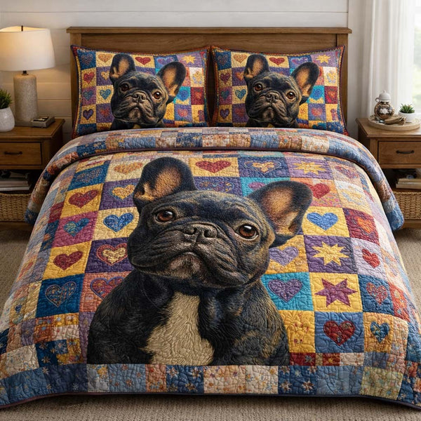 French Bulldog quilted 3-piece bedding set on a made bed with two matching pillow shams