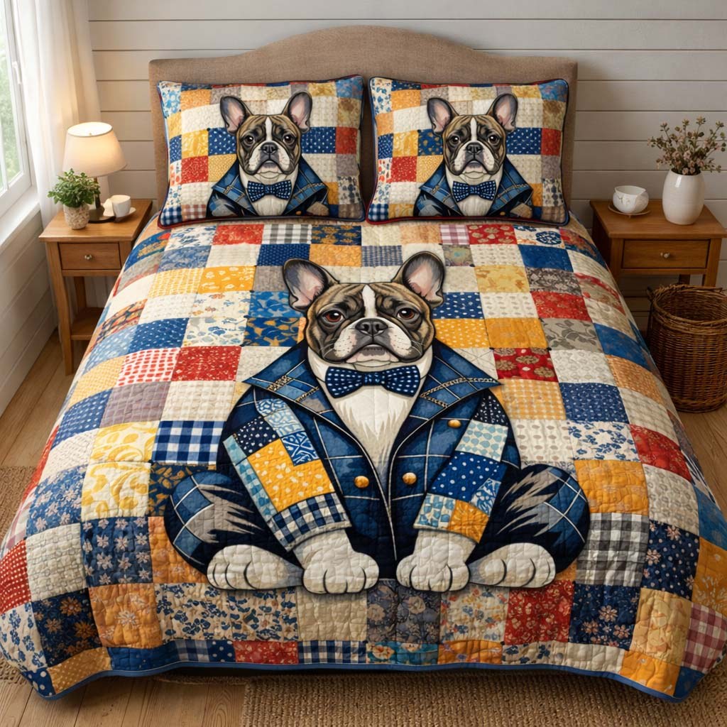 French Bulldog quilted 3-piece bedding set on a made bed with two matching pillow shams