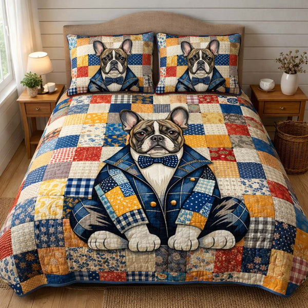 French Bulldog quilted 3-piece bedding set on a made bed with two matching pillow shams