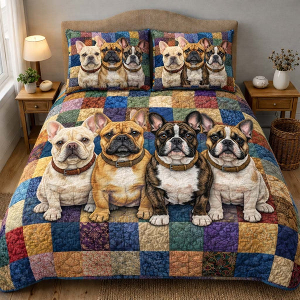 French Bulldog quilted 3-piece bedding set on a made bed with two matching pillow shams