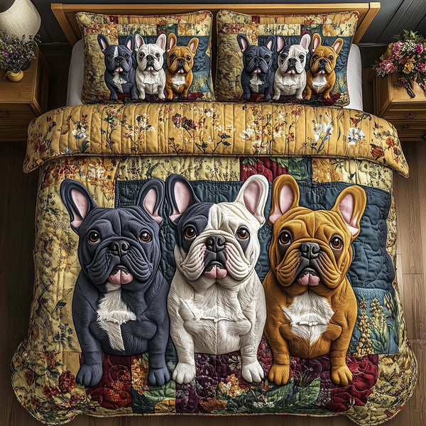 French Bulldog quilted 3-piece bedding set on a made bed with two matching pillow shams