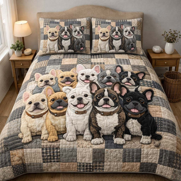 French Bulldog quilted 3-piece bedding set on a made bed with two matching pillow shams