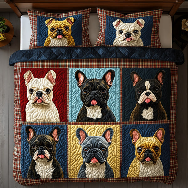 French Bulldog quilted 3-piece bedding set on a made bed with two matching pillow shams