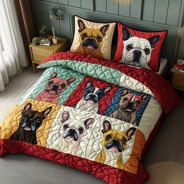 French Bulldog quilted 3-piece bedding set on a made bed with two matching pillow shams