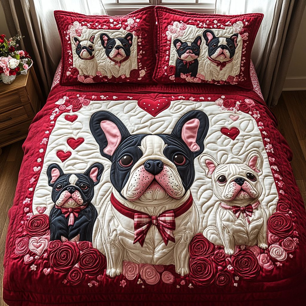 Frenchie and Roses quilted 3-piece bedding set on a made bed with two matching pillow shams