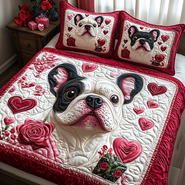 Frenchie Bliss quilted 3-piece bedding set on a made bed with two matching pillow shams