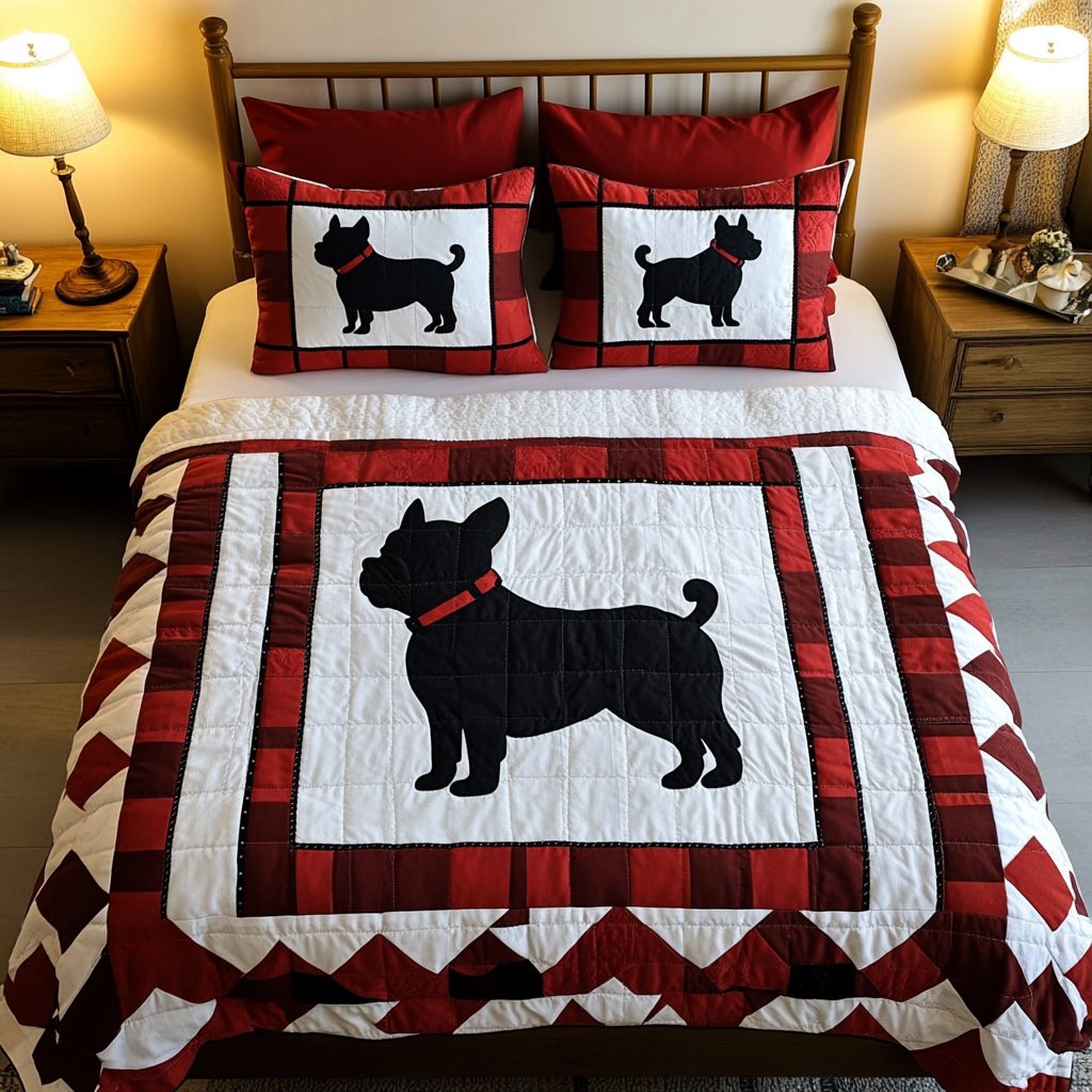 Frenchie Charm quilted 3-piece bedding set on a made bed with two matching pillow shams