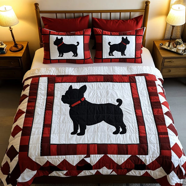 Frenchie Charm quilted 3-piece bedding set on a made bed with two matching pillow shams
