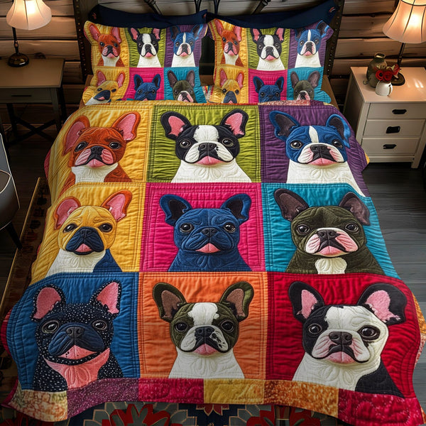 Frenchie Faces Colorful quilted 3-piece bedding set on a made bed with two matching pillow shams