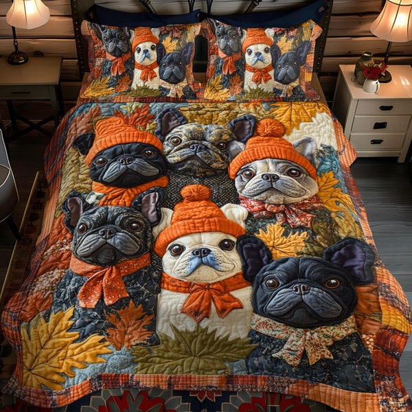 Frenchie Faces Thanksgiving quilted 3-piece bedding set on a made bed with two matching pillow shams