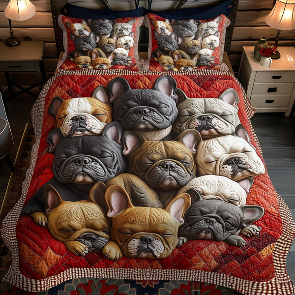 Frenchie Fiesta quilted 3-piece bedding set on a made bed with two matching pillow shams