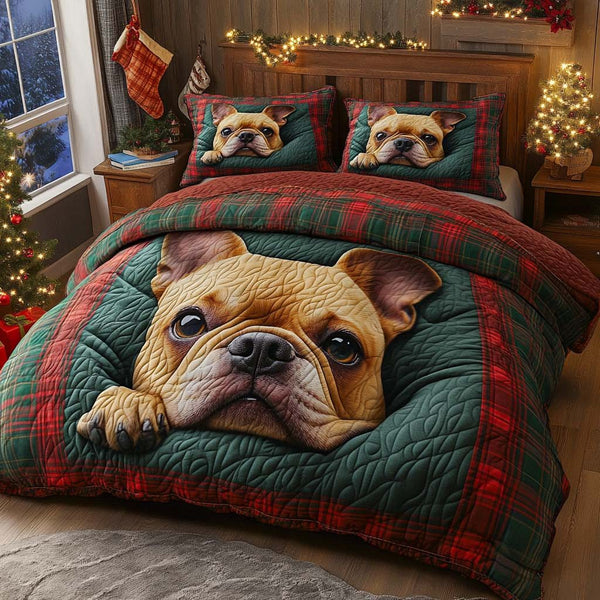 Frenchie Joy quilted 3-piece bedding set on a made bed with two matching pillow shams