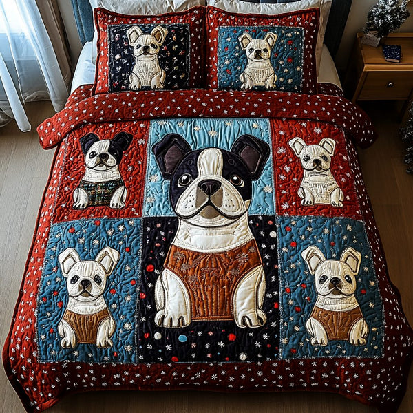 Frenchie Love quilted 3-piece bedding set on a made bed with two matching pillow shams