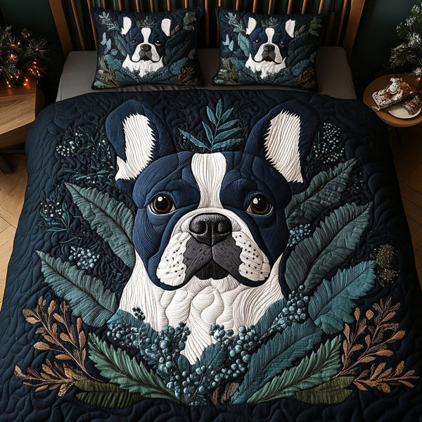 Frenchie Whiskers quilted 3-piece bedding set on a made bed with two matching pillow shams