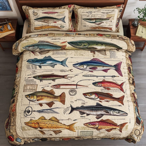 Fresh Bait quilted 3-piece bedding set on a made bed with two matching pillow shams