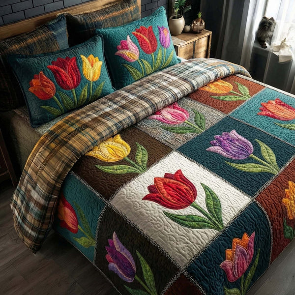 Fresh Blossoms quilted 3-piece bedding set on a made bed with two matching pillow shams