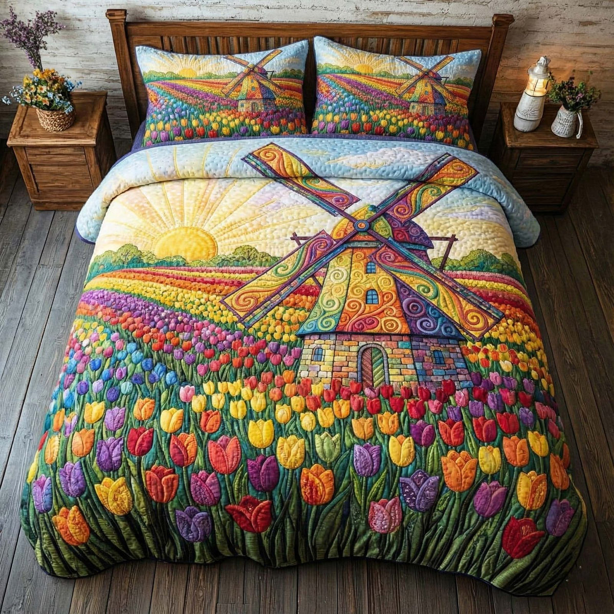 Fresh Blossoms quilted 3-piece bedding set on a made bed with two matching pillow shams