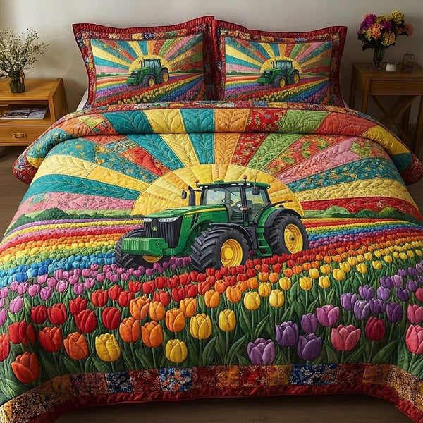 Fresh Blossoms quilted 3-piece bedding set on a made bed with two matching pillow shams