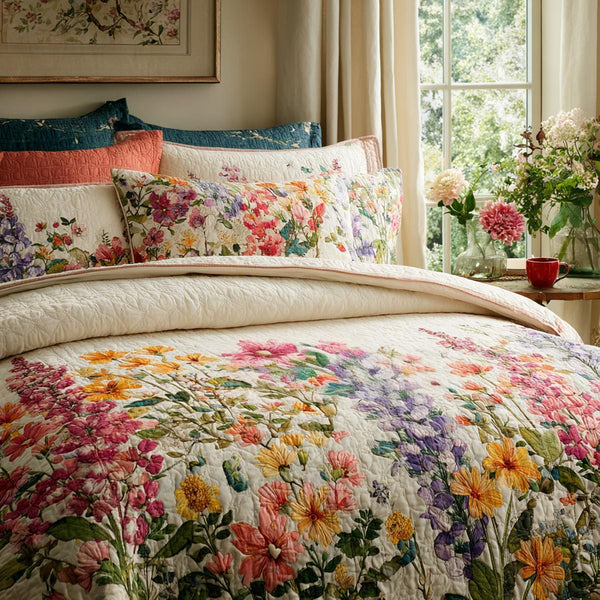Fresh Blossoms quilted 3-piece bedding set on a made bed with two matching pillow shams