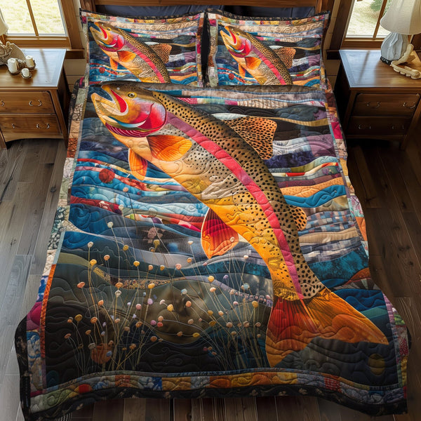 Fresh Catch quilted 3-piece bedding set on a made bed with two matching pillow shams