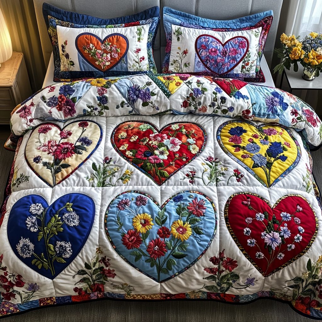 Fresh Garden quilted 3-piece bedding set on a made bed with two matching pillow shams