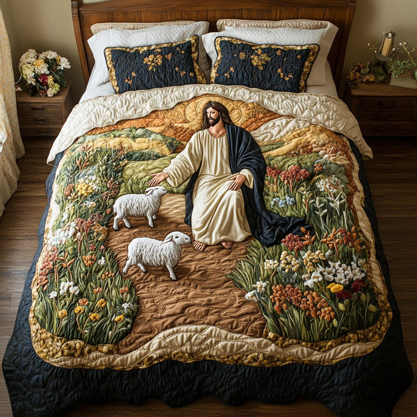 Fresh Lamb quilted 3-piece bedding set on a made bed with two matching pillow shams