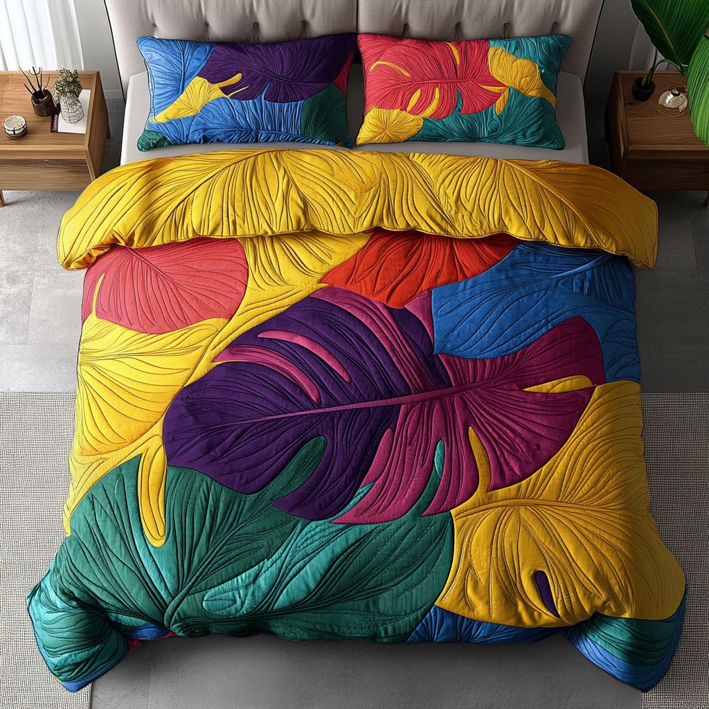 Fresh Leaf quilted 3-piece bedding set on a made bed with two matching pillow shams