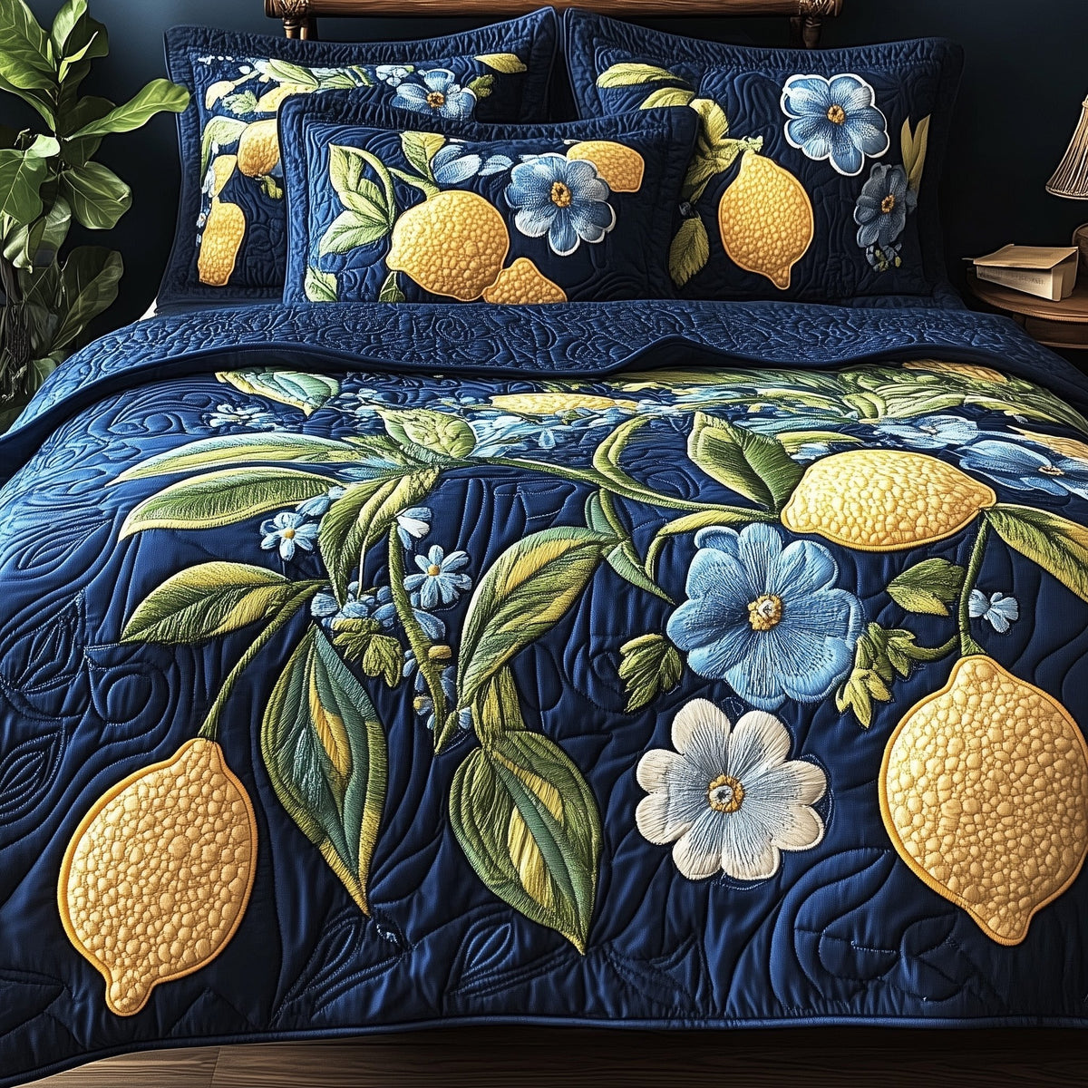 Fresh Lemon quilted 3-piece bedding set on a made bed with two matching pillow shams
