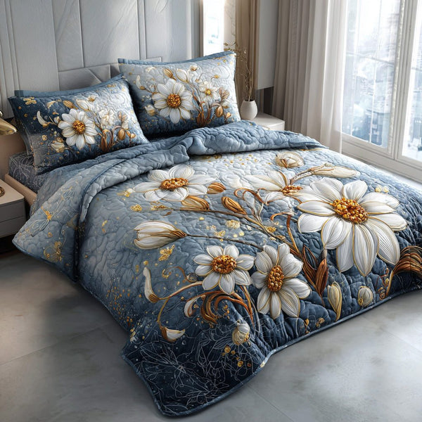 Fresh Meadow quilted 3-piece bedding set on a made bed with two matching pillow shams