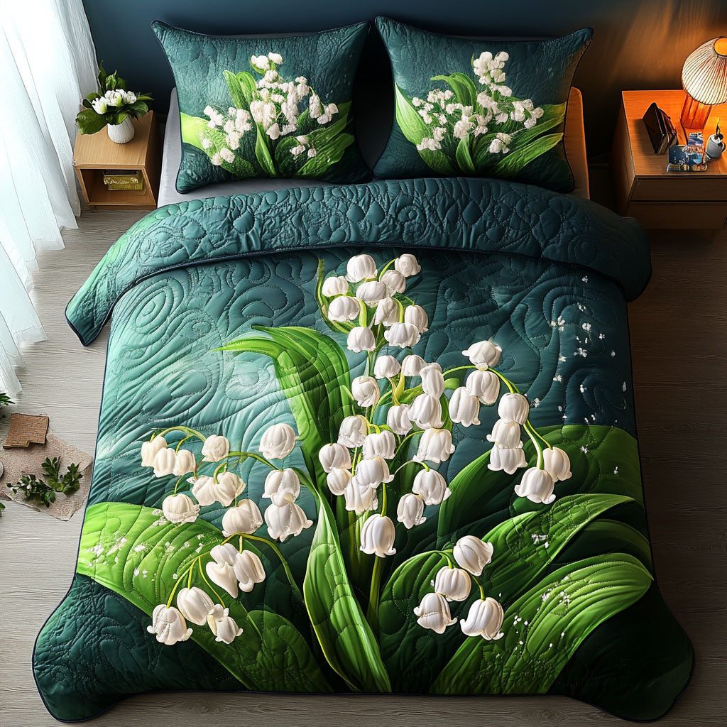 Fresh Spring quilted 3-piece bedding set on a made bed with two matching pillow shams