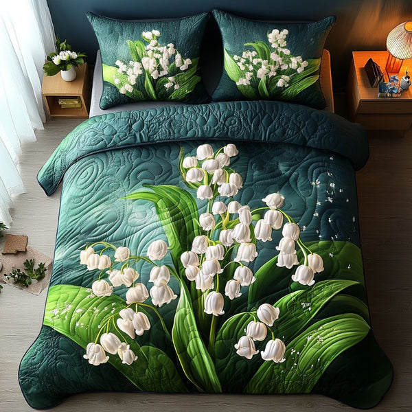 Fresh Spring quilted 3-piece bedding set on a made bed with two matching pillow shams