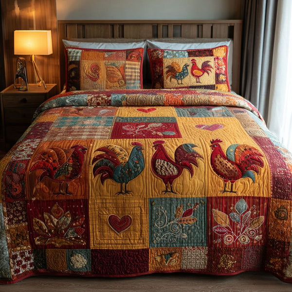 Freshly Hatched quilted 3-piece bedding set on a made bed with two matching pillow shams